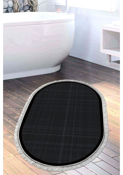 Kaymaz Taban Djt Banyo Mutfak Salon Halı Trend Saçaklı Oval Dokuma Desen E5007 Antrasit
