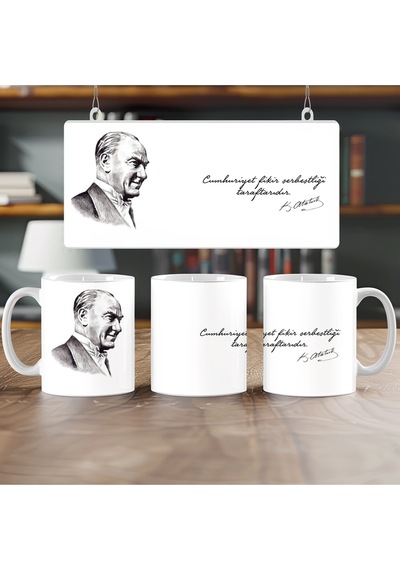 Atatürk Sözleri Ve Resmi Kupa Bardak - Mustafa Kemal İmzalı - '' Cumhuriyet Fikir Serbetliği '' Beyaz