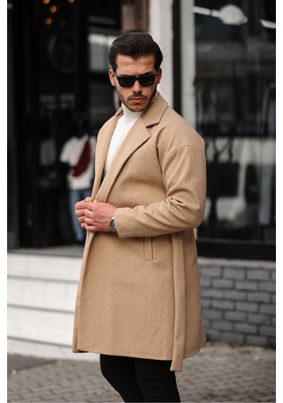 Mero Life Erkek Hardal Kemerli Oversize Rahat Kesim Kaşe Kaban HARDAL