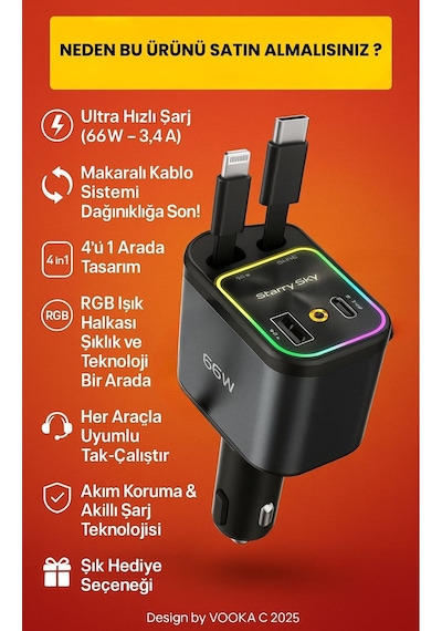 66w Araç Şarj Adaptörü Type-c + Lightning Makaralı Kablo, Usb + Type-c Girişli, Hızlı Şarjlı