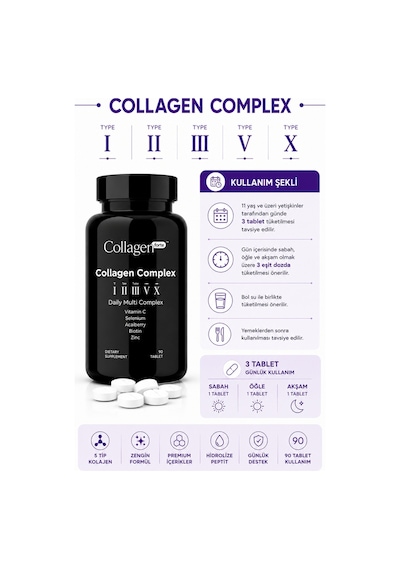 Collagen Forte Platinum 5 Tip Kolajen Vitamin ve Mineral İçeren Takviye Gıda 500 MG 90 Tablet