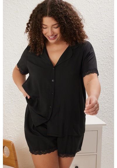 Laperissa Curve Siyah Dantel Detaylı Gömlek Yaka Viskon Dokuma Pijama Takımı