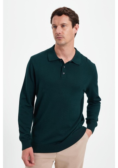 Tudors Erkek Standart Fit Normal Kesim Pamuklu Polo Yaka Yeşil Kazak-41886 Yeşil