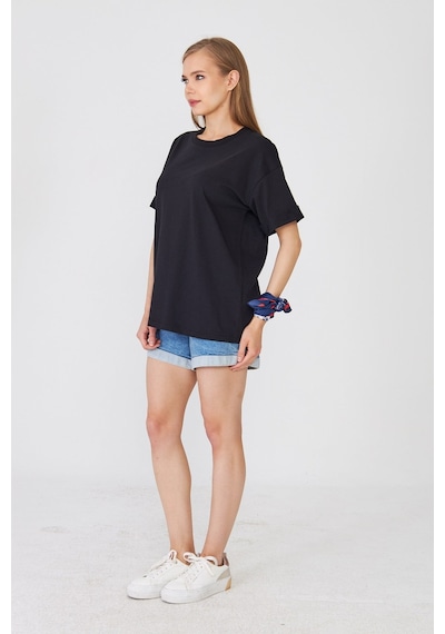 Hdm Kadın Siyah Basic Oversize %100 Pamuklu Rahat Kesim Günlük Tişört - H6041