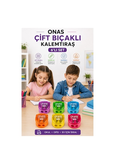 Kalemtraş 6 Adet Onas Ns-828 Hazneli Çift Bıçaklı Kalem Açacağı Plastik Kalemtıraş Kalem Traş Okul Sınıf