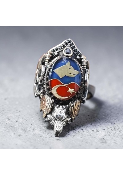 925 Ayar Gümüş Ayarlanabilir Bozkurt Ayyıldız Türk Zihgir Erkek Yüzük
