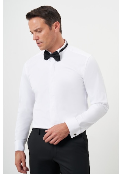 Morven Erkek Beyaz Manşetli Düz Desen Ata Yaka Slim Fit Gömlek Beyaz