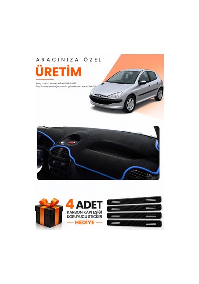 Peugeot 206 Küçük Ekranlı 1998-2009 Uyumlu Torpido Koruma Örtüsü Oto Kılıfı - Siyah Mavi