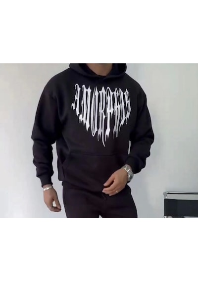 Efnaz Style Uzun Kol Kapşonlu Baskılı Sweatshirt - Siyah