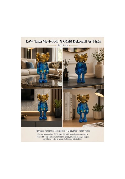 Kaw Tarzı Mavi-gold X Gözlü El Boyaması Dekoratif Figür Heykel 26 Cm