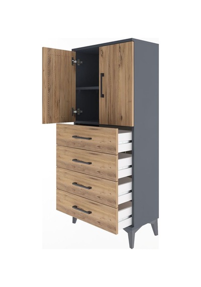 Arges Dolap 2 Raflı 4 Çekmeceli 2 Kapaklı 60x30x134 Antrasit-çam Antrasit
