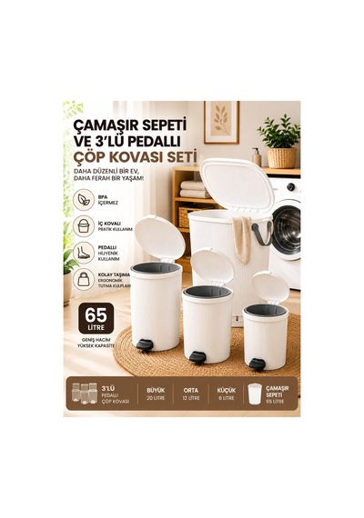Premıum Kanal Tasarım Çamaşır Sepeti Ve Pedallı Çöp Kovası Seti 65l, 20l, 13l, 8l - Hava Akışlı Tasarım, Soft-close Kapak Beyaz - 909315802 Beyaz Premıum Kanal Tasarım Çamaşır Sepeti Ve Pedallı Çöp Kovası Seti 65l, 20l, 13l, 8l - Hava Akışlı Tasarım, Soft-close Kapak Beyaz - 909315802 Beyaz