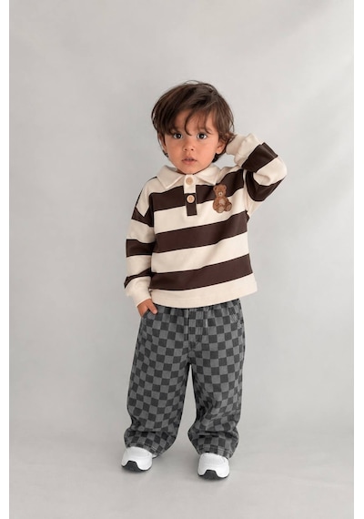 Ponki Unisex Çocuk Yaka Detaylı Teddy Armalı Çizgili Sweatshirt Kahverengi Ponki Unisex Çocuk Yaka Detaylı Teddy Armalı Çizgili Sweatshirt Kahverengi