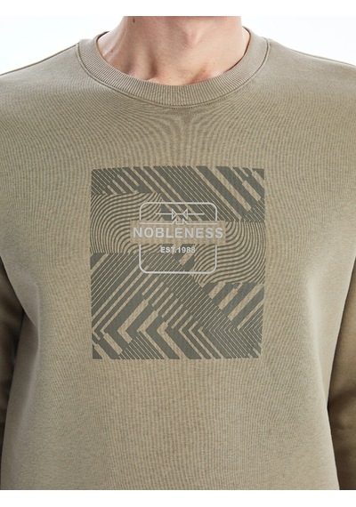 LC Waikiki Lcwaıkıkı Classic Kahverengi Bisiklet Yaka Baskılı Erkek Kalın Sweatshirt Açıkkahverengi