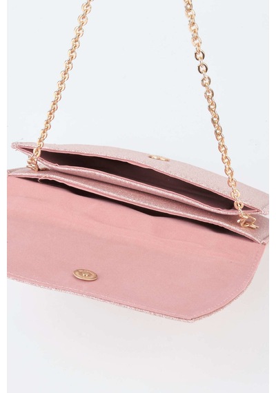Vivaq Kadın Pembe Simli Zarf Tasarım 2 Bölmeli Mini Zincir Askılı Çıt Çıt Kapama Clutch Ve El Çantası
