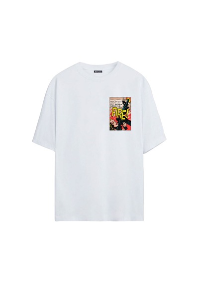 Thewert Unisex Ateş Metni Çizgi Roman Baskılı Beyaz Oversize Tshirt