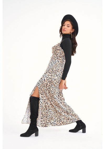 Sateen Leopar Desenli Saten Elbise - Leopar