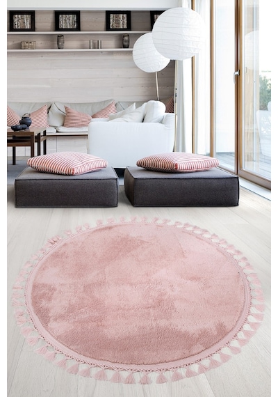 Relax Pudra Yuvarlak 100x100 Cm Ponpon Saçaklı Kaymaz Tabanlı Pembe