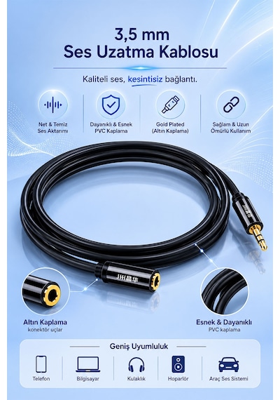 3.5mm Aux Ses Uzatma Kablosu 3 Metre, Erkek Dişi Stereo Jack Kablo, Telefon Tablet Tv Bilgisayar Kulaklık Hoparlör Araç Ses Sistemi Uyumlu, Altın Kaplama Tak Çalıştır A130h