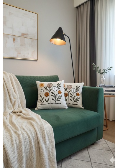Punch İşlemeli Modern Tasarım Dekoratif 2'li Kırlent Kılıfı Nakışlı Keten 43x43 Cm Çiçeklilalelimodel