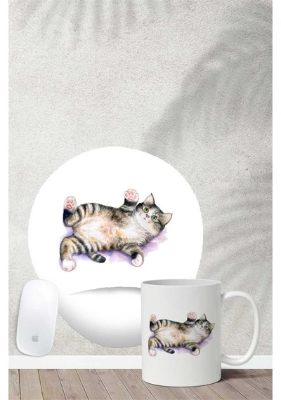 Tekir Kedi Desenli Bilek Destekli Mouse Pad Kupa Seti Mousepad