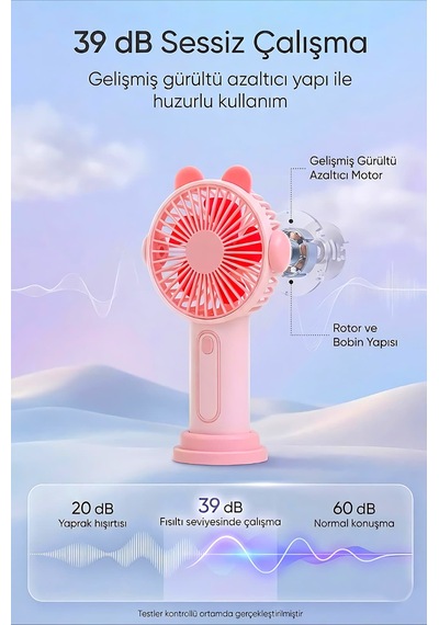 Şarjlı Taşınabilir Sevimli Kulak Tasarımlı Mini Fan 3 Kademeli Hız Telefon Standlı Vantilatör Pembe