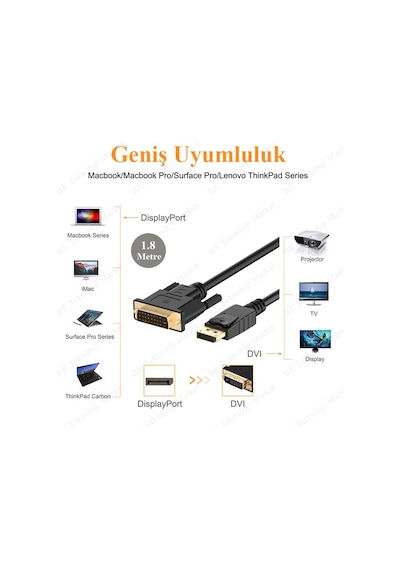 Yüksek Kalite Displayport To Dvi 24+1 Kablo - 1.8 Metre