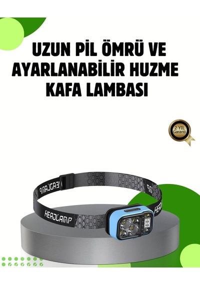 53 Modlu Süper Parlak Led Kafa Lambası Type C Şarjlı Güç Göstergeli Açık Gri
