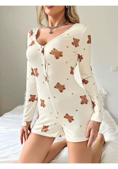 İkikareshop Kadın Bej Ayıcık Desenli Pijama Tulumu 5123 Çok Renkli