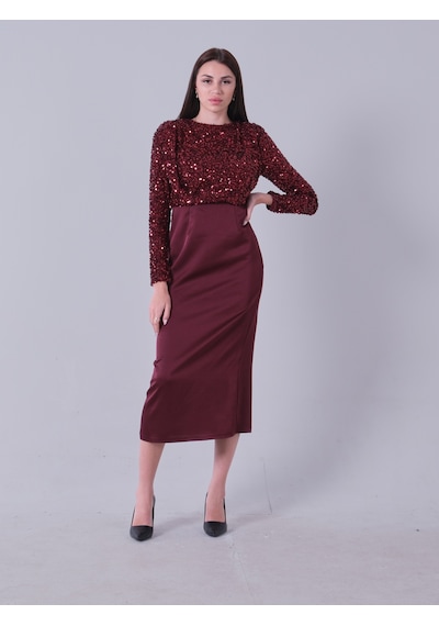 Feminist Bordo Üst Pul Payet İşlemeli Altı Krep Tesettür Abiye 6502503.04