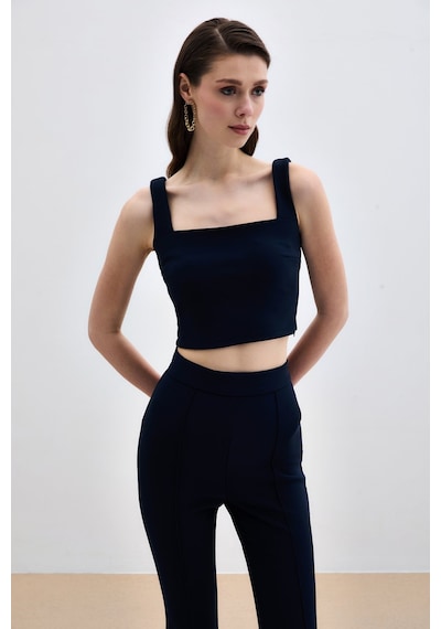 Sateen Kare Yaka Crop Bluz - Lacivert-135612 Lacivert
