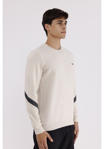 Rowinger Kol Şerit Detaylı Yuvarlak Yaka Göğüs Logolu Rahat Kalıp Mevsimlik Sweatshirt Beıge