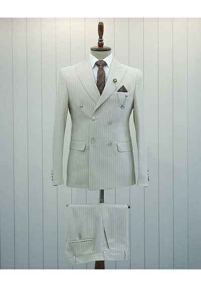 Bys Beystil Sivri Yaka Krem Çizgili Kruvaze Takım Bezayak - Slim Fit