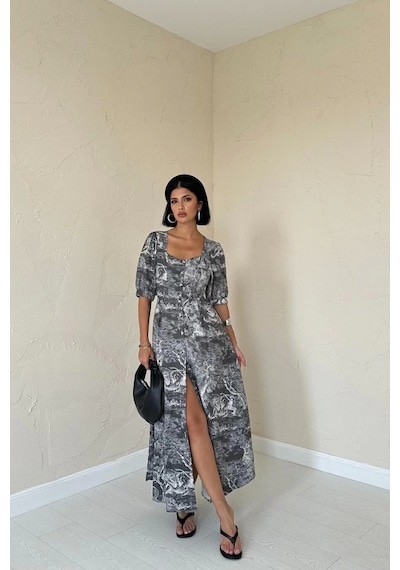 Defymoda Haki Önü Düğmeli Kalp Yaka Elbise Haki