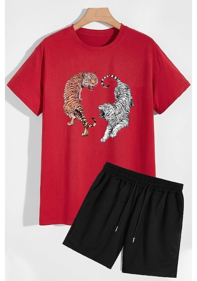 Uyguntarz Tiger Şort T-shirt Eşofman Takımı Kırmızı