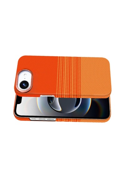 Apple Apple iPhone Uyumlu  16e Kılıf Kevlar Desenli Karbon M-safe Magnetik Şarj Vega-msafe Turuncu