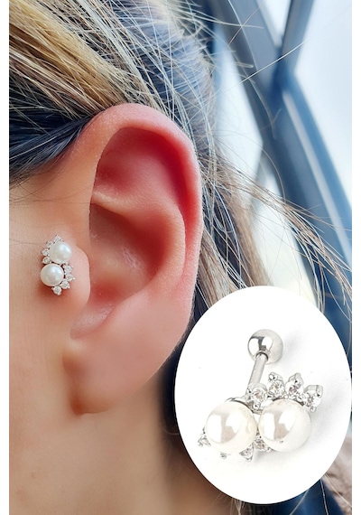 Zirkon Taş Detaylı İncili 925ayar Gümüş Tragus Kıkırdak Helix Piercing 06113735