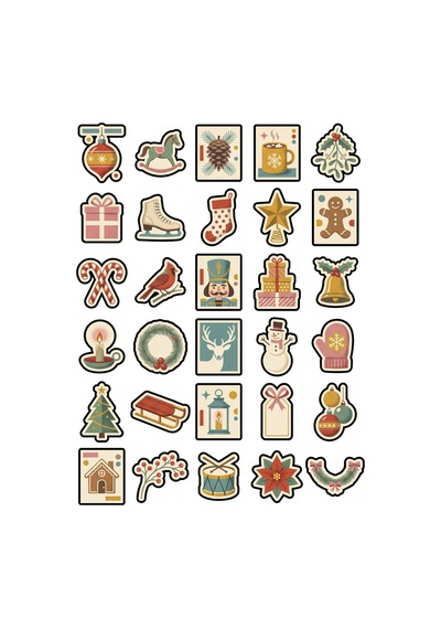 30 Adet Retro Yılbaşı Posta Pulu Sticker Seti - Ajanda Defter Laptop Scrapbook İçin Çok Renkli
