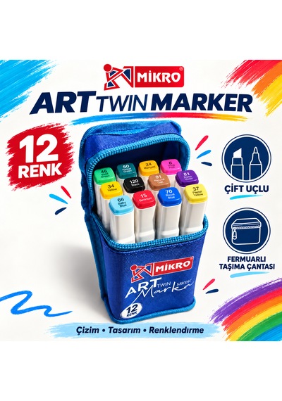 Mikro 12li Çantalı Çift Taraflı Marker Boyama Kalemi Seti