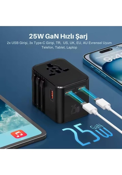 Universal Seyahat Adaptörü, 25w Gan Hızlı Şarj, 2x Usb-c + 1x Usb-a, Universal Travel Adapter,