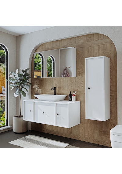 Lavabolu Mdf 120 Cm Çekmeceli Dolap + Aynalı Üst Dolabı Beyaz Mat Beyaz