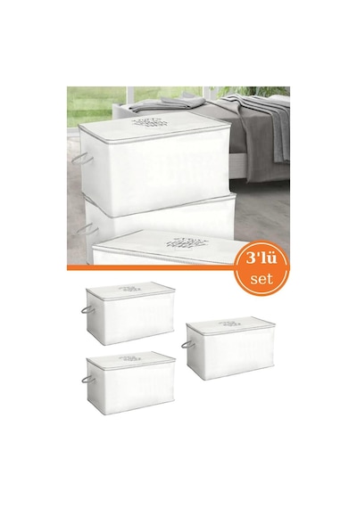 3 Adet Yorgan Yastık Saklama Hurcu, İpli Baskılı Çok Amaçlı Sandık Tipi Hurç 3 Lü Set 75x45x45 Cm Beyaz