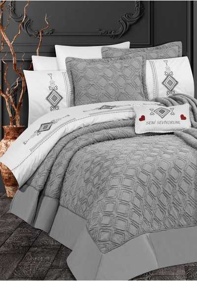 Goldroom Aysima 11 Parça Nakışlı Nevresim Takımlı Çeyiz Seti Gri