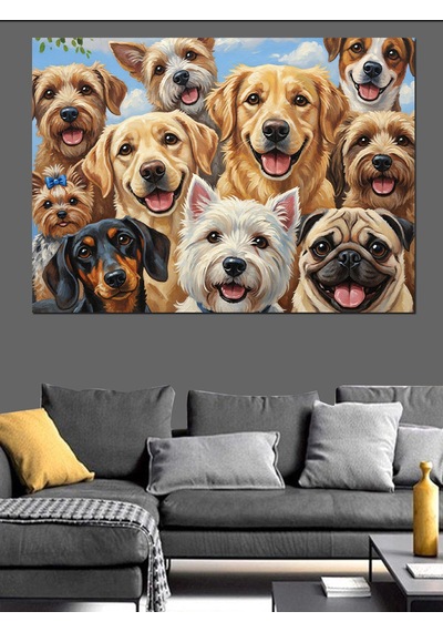 Ahşap Tablo Bir Arada Toplanmış Mutlu Köpekler Çocuk Odası Tabloları