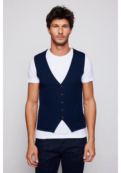 Tudors Slim Fit Desenli Lacivert Erkek Yelek-30275 Lacivert
