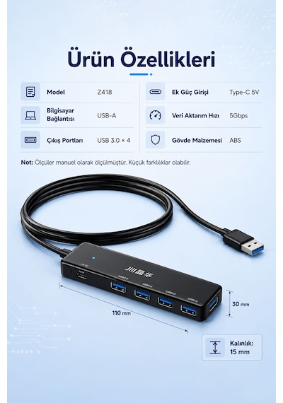 4 Port Usb 3.0 Hub Çoklayıcı, Type-c Güç Girişli 5gbps Veri Aktarım Destekli Usb Çoğaltıcı, Notebook Pc Klavye Mouse Usb Bellek Harici Disk Uyumlu Z418c