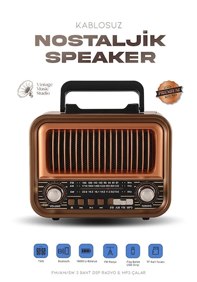 Ahşap Tasarım Retro Nostaljik Hoparlör Şarj Edilebilir Fm/am/sw Bluetooth Radyo