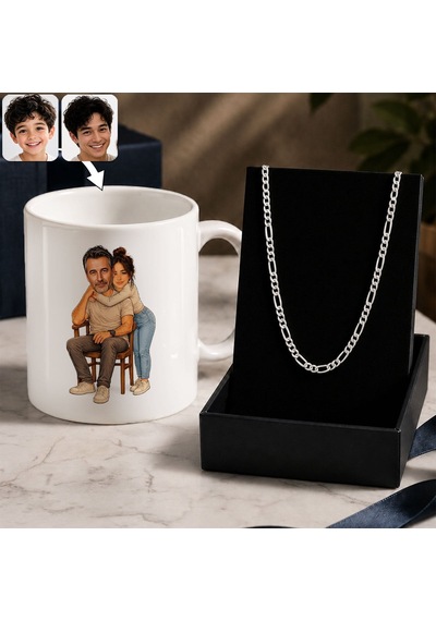 Bk Gift Kişiye Özel Baba&çocuk Karikatürlü Beyaz Kupa & Figaro Zincir Kolye -5, Babalar Günü Hediyesi Gümüş