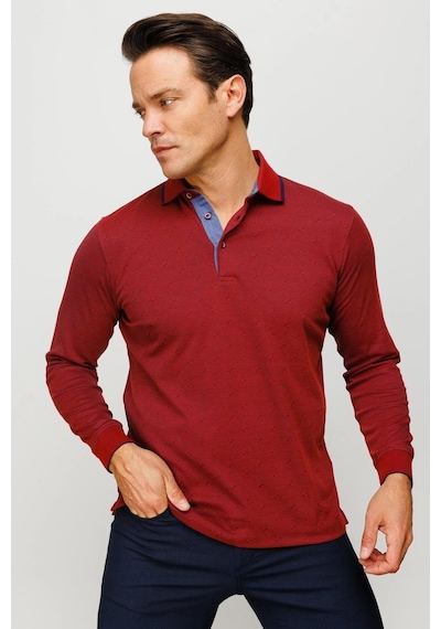Desen Triko Erkek Polo Yaka Kare Desenli Uzun Kollu Sweatshirt Bordo Bordo