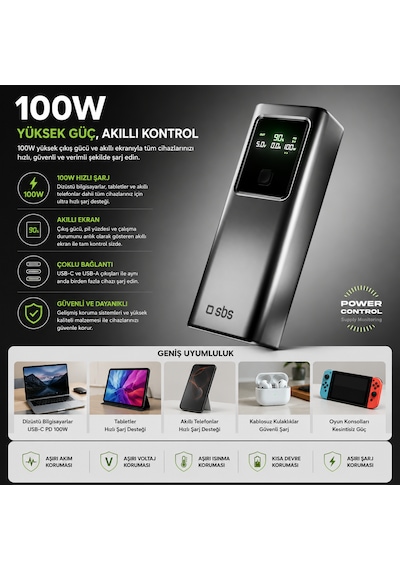 Sbs 20.000 Mah 100w Power Delivery Powerbank Lcd Ekran 2x Usb-c Pd 100w + Usb-a 22.5w Dizüstü Bilgisayar Uyumlu Silver-Gri Sbs 20.000 Mah 100w Power Delivery Powerbank Lcd Ekran 2x Usb-c Pd 100w + Usb-a 22.5w Dizüstü Bilgisayar Uyumlu Silver-Gri